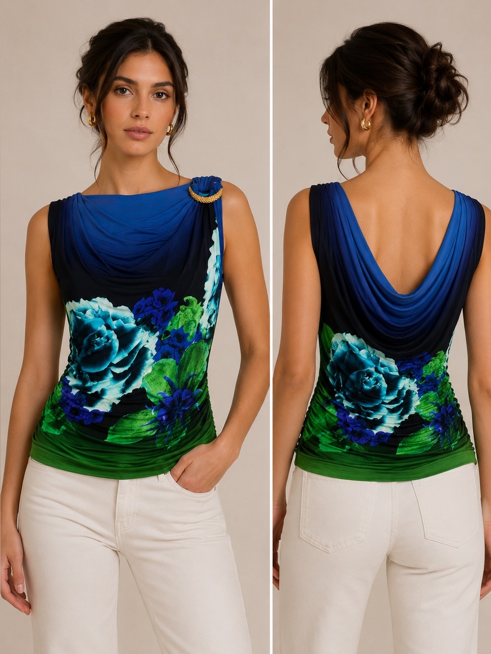Roberto Cavalli RARE Blue Floral Dégradé Draped Jersey Reversible Top IT 38